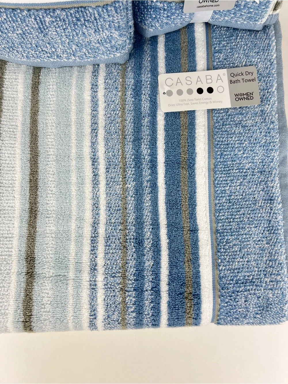 Casaba Bath Towel Set Blue White Taupe Striped Quick Dry Soft Cotton 8 Pc NEW